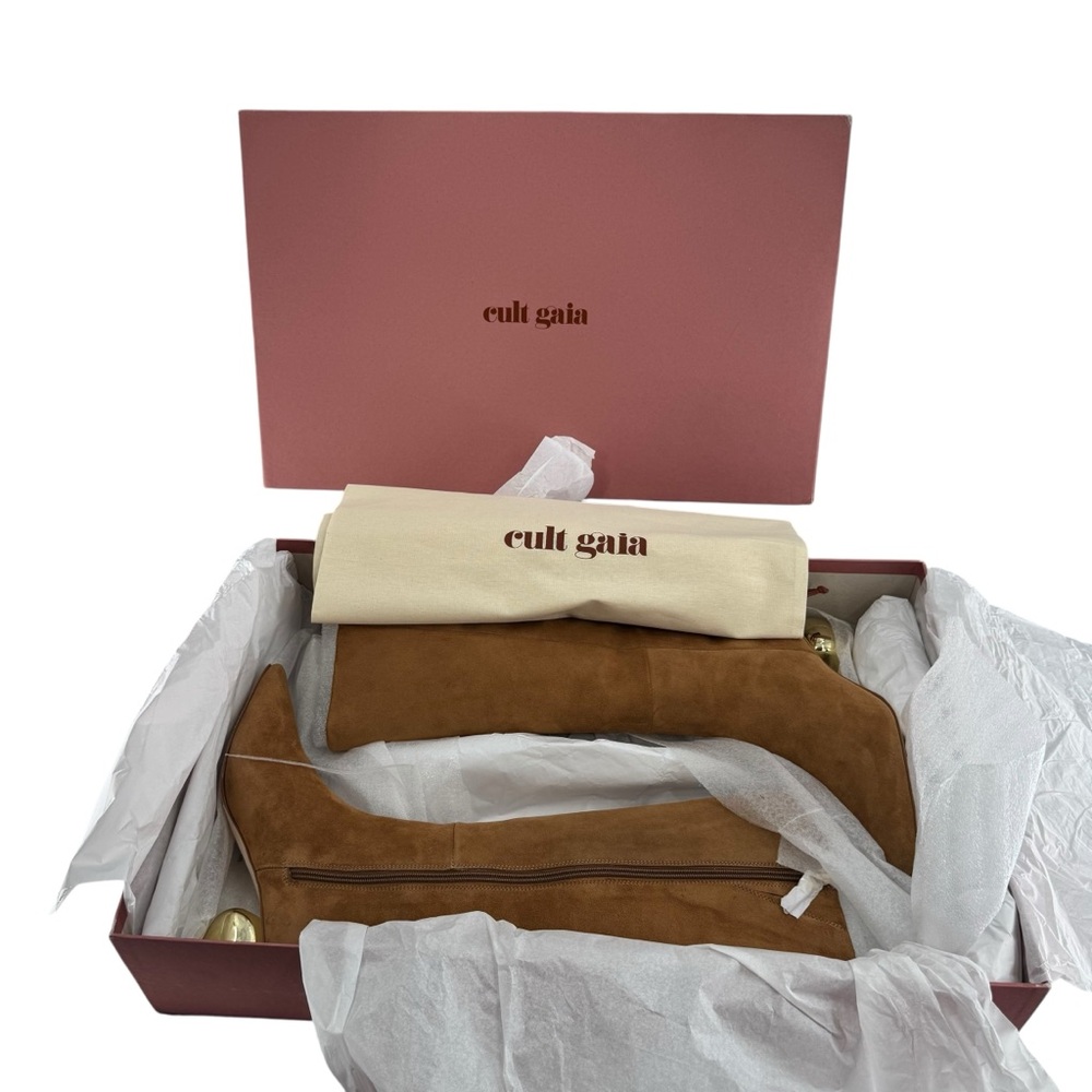Cult Gaia NEW Zuri Knee High Boot in Camel Brown Gold Sculptural Heel Size 7 - Picture 4 of 11